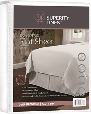 Superity Linen Oversized King Size Flat Sheet for Bed - 100% Cotton - Durable and Comfortable with 200 Thread Count - Soft, Breatheable, and Cozy - (132 X 110)