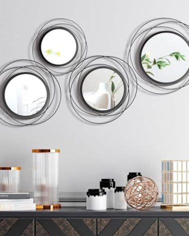 Hicarer 4 Pcs Decorative Wall Mirror Round Modern Mirror Circle Mirror Wall Art Ring Metal Mirror Wall Decor Wall Mounted Mirror for Bedroom Living Room Entryway Dining Room Hallway (Black)