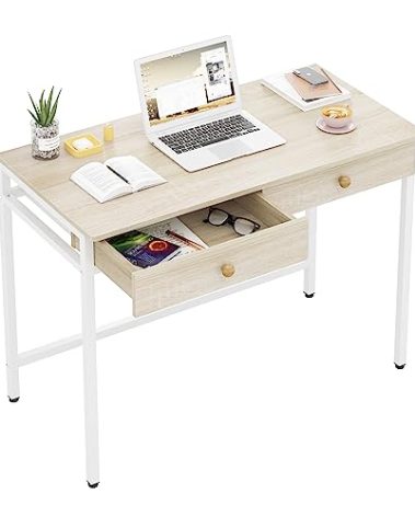 Weehom Computer Desk with Drawers, Home Office Desk for Writing, Studying, and Gaming - Sturdy and Spacious Workstation for PC and Laptop(Beige)