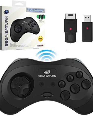 Retro-Bit Official Sega Saturn 2.4 GHz Wireless Controller for Sega Saturn, Sega Genesis Mini, Switch, PS3, PC, Mac - Includes 2 Receivers & Storage Case (Black)