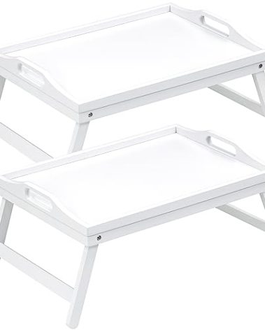 Mxbamhyc 2 Pack Bed Tray Table Breakfast Trays Serving Tray Bamboo Bed Laptap with Folding Legs Handles and Phone Holders