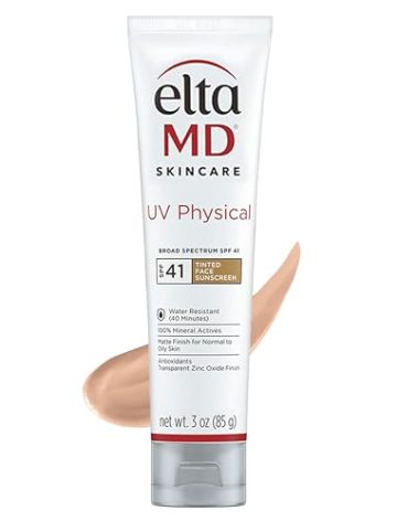 EltaMD UV Physical Tinted Mineral Sunscreen for Face SPF 41, 100% Mineral Actives Tinted Face Lotion, Water Resistant, Paraben-Free, Transparent Zinc Oxide Finish, Facial Travel Size Sunscreen 3 oz