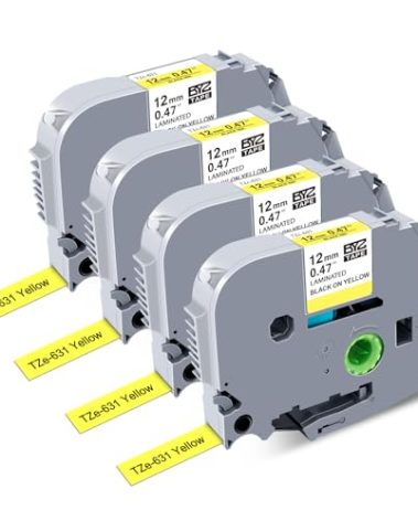 BOYEEZON 4Pack TZ Yellow Tape 12mm 0.47 Compatible for Brother PTouch TZe-631 TZE631 Black on Yellow Label Tape Work for Brother PT-D210 PT-D600 PTD400 Label Maker, 1/2 in x 26.2 Ft