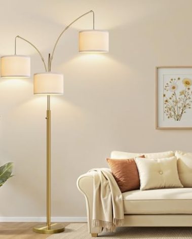 Nintiue Dimmable Floor Lamp - 3 Lights Brass Arc Floor Lamps for Living Room, 1000LM Modern Tall Standing Lamp with Linen Shades, Mid Century Tree Floor Lamp for Bedroom Office, 3 LED Bulbs Included
