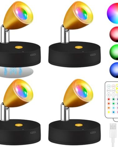 Destlife 4 Pack RGBW Spotlights Decor, Rechargeable Wireless Spot Lights Indoor Ambient Lighting, Focus Lights Indoor, Accent Light for Art Bookshelf Picture Backdrop Decoration(Black Gold)