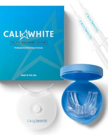 Cali White Teeth Whitening Strip Kit with LED Light and Batteries - Organic Peroxide Teeth Whitener Gel - Set of White Strips - 2x5ml Syringes, Thermoform Whitening Kit Trays and Case