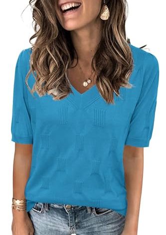 Arach&Cloz Women's Fall Tops 2025 Trendy Fashion Short Sleeve Sweaters V Neck Clothes Business Casual Dressy Cute Outfits Blouse Lake Blue XL
