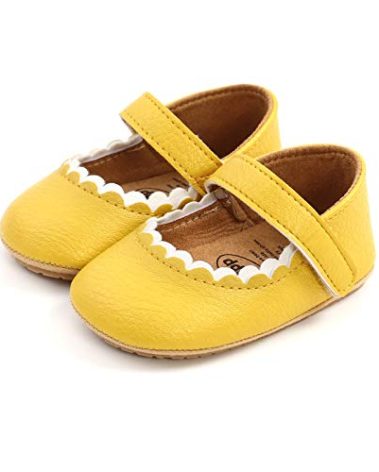 Baby Girls Mary Jane Flats Shoes with Non-Slip Soft Sole Newborn First Walkers Toddler Princess Dress Shoes Yellow 12CM