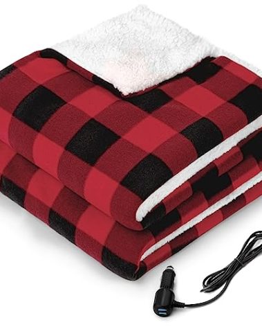 Sealy 12-Volt Heated Car Blanket with 2 Output USB Ports, 3 Heating Levels & 4 Hours Auto Off, Electric Blanket for Car Truck, SUV, RV or Camping, Machine Washable, 59" X 43", Plaid