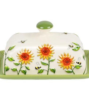 Butter Dish with Lid for Countertop, Sunflower Butter Keeper Holder, 7.5”x4.3” Large Ceramic Butter Tray Storage Sunflower Decor Thanksgiving Christmas Gifts