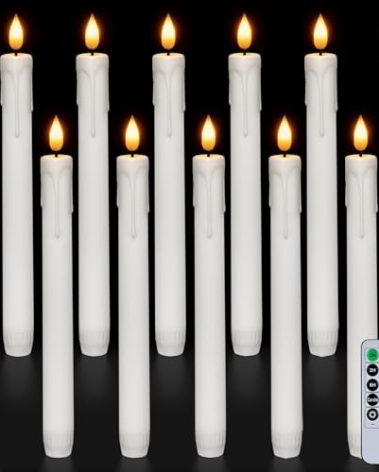 Homemory 12 Pcs Plastic Flameless Taper Candles with Remote Timer Dimmer, White Taper Candles Battery Operated with Flickering Flame Light Lifelike Led Candlesticks for Indoor Decoration 9.6 Inches