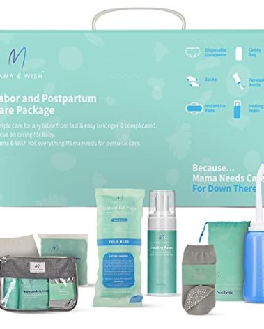 Mama & Wish Postpartum Essentials Kit – Labor and Delivery Essentials for Moms After Birth – Postpartum Recovery Kit Includes Peri Bottle, Witch Hazel, Comfy Garments & More