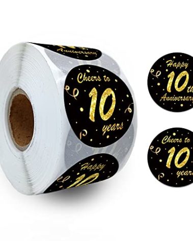 REWIDPARTY Black Gold 10th Anniversary Paper Stickers, 1.5" Diameter, 500 Pcs/Roll, Waterproof, for Party Decorations, Wedding, Birthday, Classmate Anniversary, Company Party