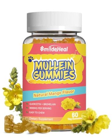 Mullein Gummies 3000MG, Sugar Free Mullein Gummies with Bromelain & Quercetin, Mullein Leaf Extract Supplements for Lungs, Vegan, 60 Count