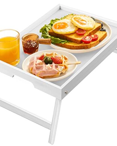 Bamboo Bed Tray for Breakfast, Snack Table with Folding Legs for Eating, Sofa, Couch, Working by Pipishell (White)