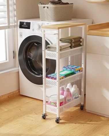 Giwil Slim Rolling Storage Cart 4 Tier Bathroom Organizer Mobile Shelving Unit Utility Cart with Wood Top and Handle for Kitchen Laundry Narrow Places, White