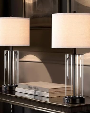 Kyrid 23.5'' Glass Table Lamp Set of 2 for Living Room with USB Ports and AC Outlets(Bulbs Included)