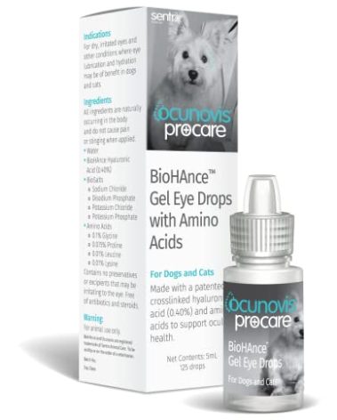 Sentrx - Ocunovis ProCare Gel Eye Drops for Dogs and Cats, Hydrating Cat and Dog Eye Drops with Hyaluronic Acid, Lysine, and Amino Acids, Preservative-Free and Antibiotic-Free, 5 ml