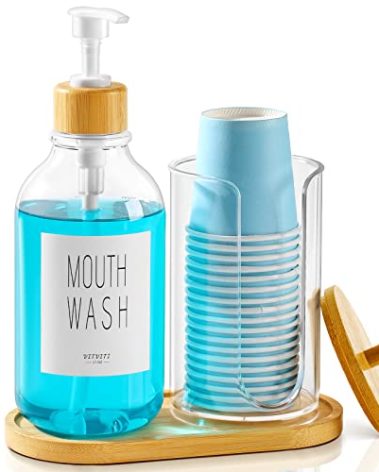 VITVITI Mouthwash Dispenser for Bathroom, Mouth Wash Pump Bottle with Paper Cup Holder, 17Oz Refillable Clear Mouthwash Container with Bamboo Lid/Tray/Label