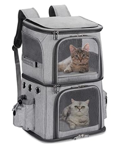 HOVONO Double-Compartment Pet Carrier Backpack for Small Cats and Dogs, Cat Travel Carrier for 2 Cats, Perfect for Traveling/Hiking/Camping, Grey, XL