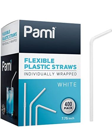 PAMI Flexible Plastic Bent Straws, Individually Wrapped [Pack of 400] - 7.75” White Drinking Straws For Coffee, Cocktails, Drinks- BPA-Free