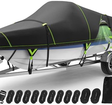 UIRWAY Upgraded Black 17-19 ft Trailerable Boat Cover, Thickened 1200D Heavy Duty Boat Mooring Cover with Waterproof PU Coating, Fits V-Hull, Tri-Hull, Runabout, Fish & Ski Boat, Quick-Release Buckles