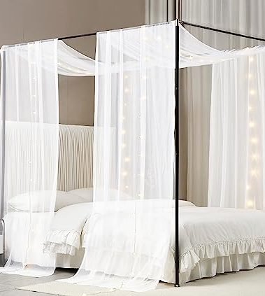Akiky Canopy Bed Curtains with Light Princess Bed Canopy Scarf for Full/Queen Metal Bed Frame,Wood Frame Bed-2 Panel Sheer Curtain(Full/Queen,White)