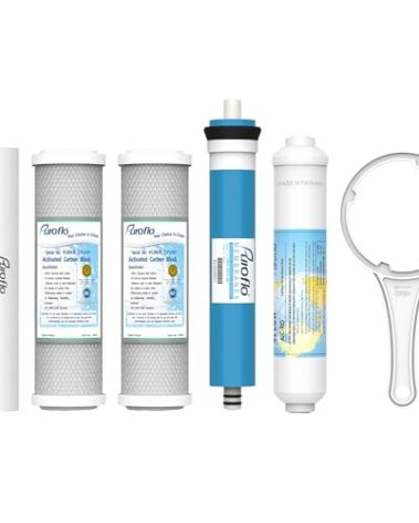 Puroflo ERO 5 pc Reverse Osmosis Filters Yearly Set, 5 Stage Reverse Osmosis Water Filter, Under Sink RO Water Filtration System Kit, Compatible with Most 10" RO System, Water Filter Wrench Included