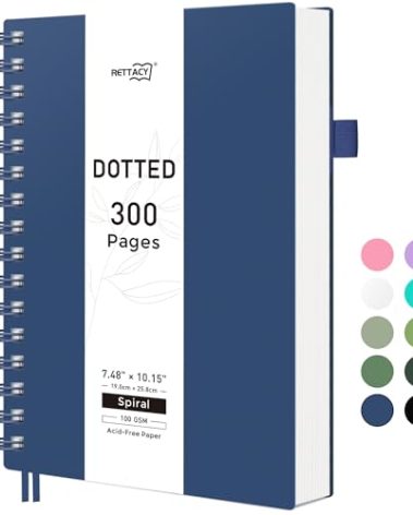 RETTACY Bullet Dotted Journal Notebook, 300 Pages, B5 Medium Size (7.4'' × 10''), 100 GSM Thick Paper, Flexible Plastic Cover, Spiral-bound, for Bullet Journaling, Planning, Tracking (Navy Blue)