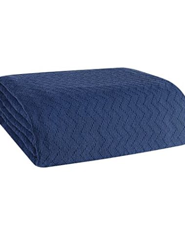 BELIZZI HOME 100% Cotton Bed Blanket, Breathable Thermal Blanket King Size, Soft Chevron 90''x102'', Perfect for Layering Any All Season, Navy Blue