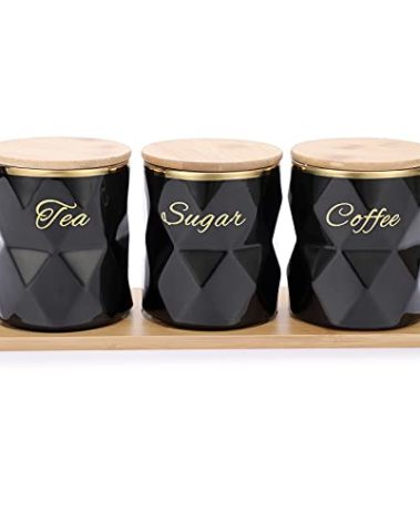 JUXYES Ceramic Canisters Set for Sugar Coffee Tea, Luxurious Storage Containers Set with Lids Decorative Storage Pots Black Storage Jar for Kitchen Counter Dining Room