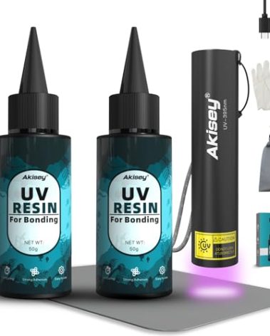 Akisey UV Resin Kit with Light, 100g UV Resin with Rechargeable 395NM UV Flashlight, Fast Curing in Seconds, UV Glue Adhesive for Bonding Jewelry, Plastic, Glass Repair, w/Mat, Gloves, Storage Bag