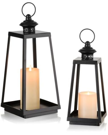 Staymoment Black Lanterns Decorative Indoor: Outdoor Front Porch Decor 12.6" &15" Set of 2 Modern Hanging Lanterns for Table Centerpieces Mantle Fireplace Decoration