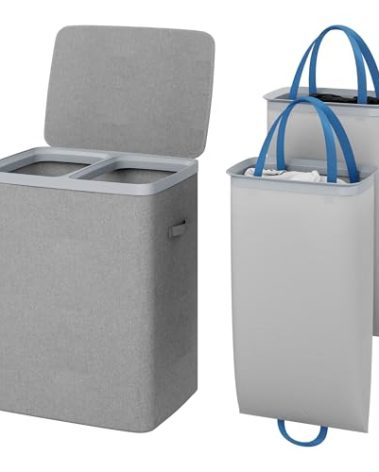 Linnerex Laundry Hamper with lid, 100L Large Capacity Foldable Laundry Basket with Dual Compartments for Light & Dark Clothes, Removable Bags, Space-Saving, Easy Setup