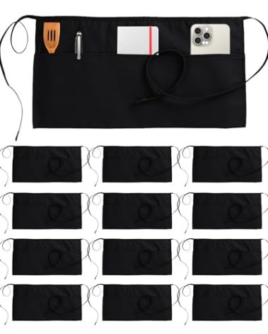 Utopia Wear 12 Pack Server Apron with 3 Pockets, Waist Apron for Waiter Waitress, 12 Inches, Black