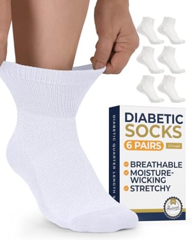 Pembrook White Diabetic Socks for Men & Women | 6 Pairs | Wide Stretch Top Mens Diabetic Socks | Diabetic Socks for Men 9-12 | Ankle Moisture Wicking Neuropathy Socks for Men
