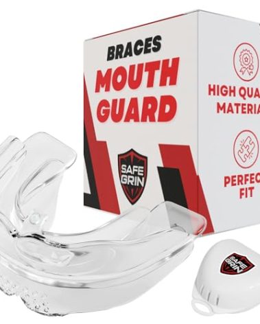 SAFE GRIN Braces Mouth Guard for Sports - Premium Silicone Upper & Lower Teeth Protection for Sports - Football, Lacrosse, Hockey, Baseball -Fit for Youth and Teens - Youth Mouthguard for Braces