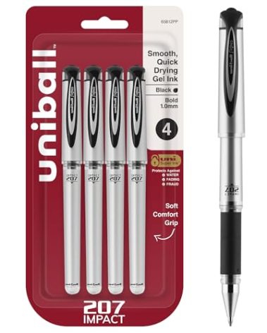 uni-ball Signo 207 Impact Stick Gel Pen, 4 Black Pens, 1.0mm Bold Point Gel Pens, Smooth Writing, Archival-Quality Ink, Acid-Free, Superior Comfort