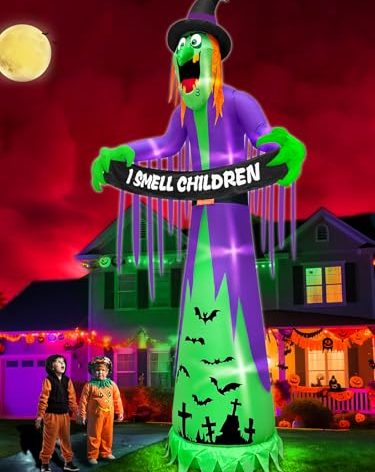 12 FT Giant Halloween Inflatables Witch Outdoor Decorations with LED Lights,Scary Witch Holds I Smell Children Banner Blow Up Halloween Decorations Outdoor Yard Garden Lawn Home with Stakes Tether