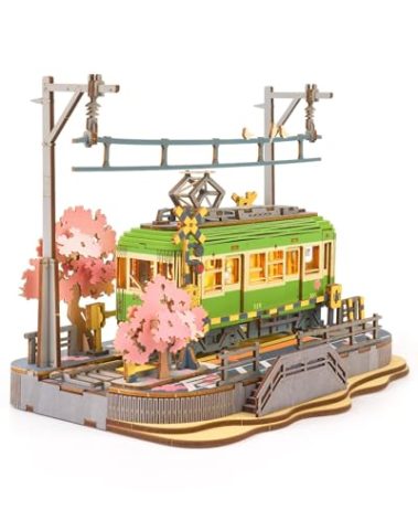 Rolife 3D Wooden Puzzle for Adults, Sakura Journey Tram DIY Model Building Kits with LED Lights, Creative Kids Craft Hobby Gift and Brain Teaser Home Decor Assembly Toy