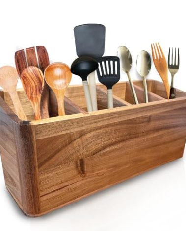 Dstuff Large Kitchen Utensil Holder Organizer for Counter or Countertop, Wooden Storage Container for Cooking and Silverware, Acacia Rustic Wood (4 Compartments)