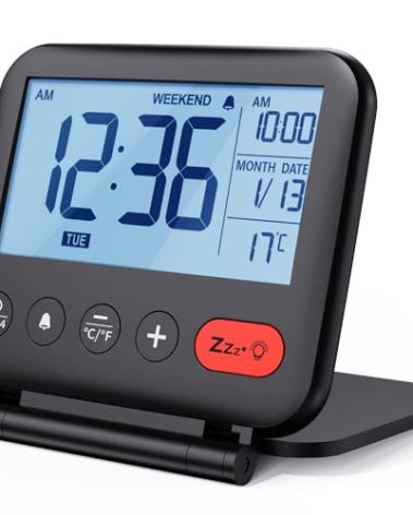 NOKLEAD Digital Travel Alarm Clock for Bedroom Office: Small LCD Desk Clock with Backlight Date Temperature Snooze 12/24H Weekend Mode and Mirror, Battery Powered Folding Bedside Clock for Adult Kids