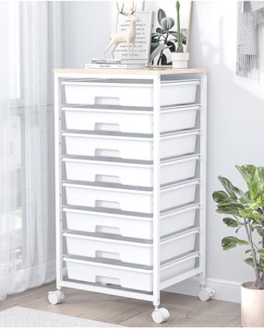 SYKIARIOL Rolling Storage Cart with Drawers,Utility Cart With 8 Drawers and Wooden Tabletop,Rolling Drawer Cart,Storage Drawer Cart for Living Room,Classroom,Bedroom,Bathroom,Dorm,Office,White