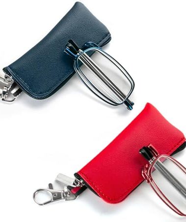 2 Pack Folding Reading Glasses for Men Women with Keychain Compact Bags Blue Light Blocking Portable Pocket Computer Readers,Blue and Red 3.5