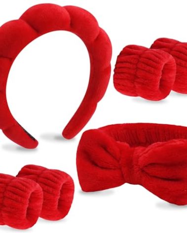 Velscrun 6 Pack Spa Headband, Makeup Headband, Face Wash Headbands, Skincare Headbands, Red Sponge Hair Band Bow Tie Spa Head Band for Washing Face Wristband Set Hair Accessories for Women Girls Gifts