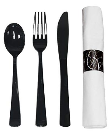 Party Essentials Pre-Rolled Disposable Extra Heavy Duty Plastic Cutlery Kit with Black Fork/Knife/Spoon and 3-Ply White Napkin (Case of 100 rolls)