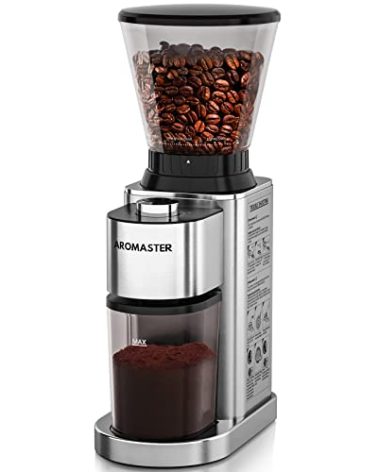 Aromaster Coffee Bean Grinder with 48 Gind Settings, Conical Burr Coffee Grinder for Home Use,Stainless Steel,40 Seconds Adjustable Timer,Anti-static,Easy to Clean with Brush