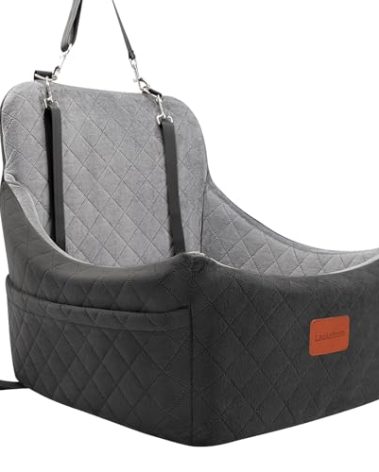 Lealchum Dog Car Seat for Dogs Up to 35lbs,Fully Detachable and Washable,Memory Foam Covered Soft Fabric,Easy to Install with Adjustable Straps,Anti-Slip Bottom,Two Side Pockets(Black/Grey,Medium)