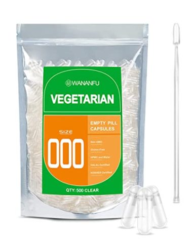 WANANFU Size 000 Empty Capsules Vegetarian (500 Count) Bundle with Micro Lab Spoon, Clear Fillable Veggie Pill Capsules 000 for Making Your Own Supplements