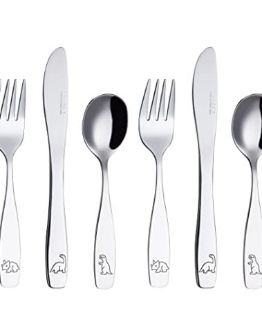 Exzact Kids Flatware 6 Pieces Stainless Steel Children Silverware 2 x Forks, 2 x Knives, 2 x Spoons,Toddler Utensils, Dishwasher Safe, 24 Months+ (Dinosaurs Engraved)